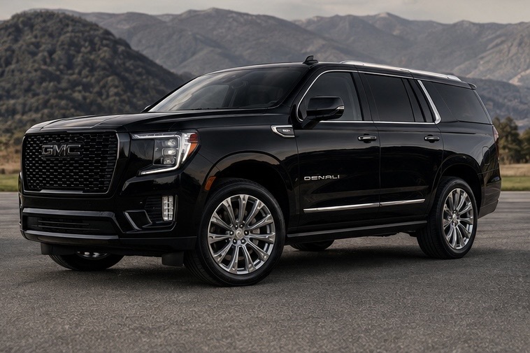 Black GMC Yukon Denali luxury SUV with a mountain backdrop